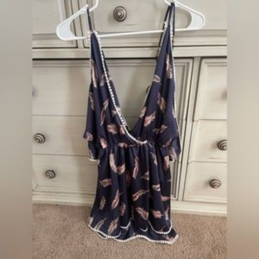 Navy Blue Cold Shoulder Feather Design Dress